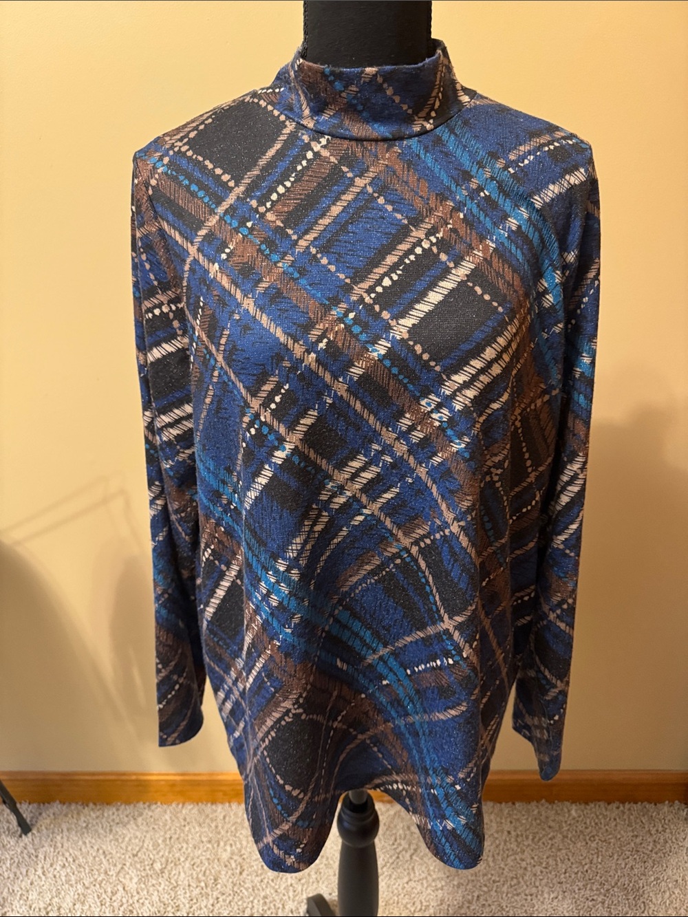 Susan Graver Blue and Brown Plaid Mock-Neck Long Sleeve Top